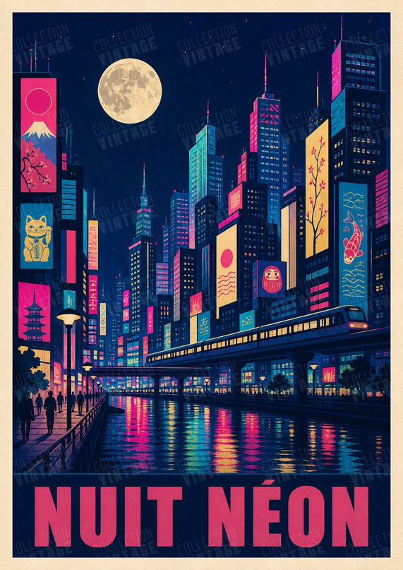 affiche japonaise ville lumineuse retro