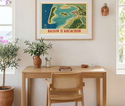 affiche carte stylisee bassin d'arcachon
