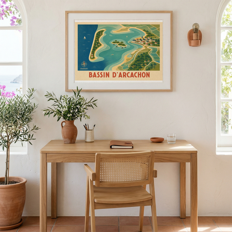 affiche carte stylisee bassin d'arcachon
