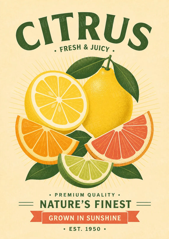 affiche fruits citron agrumes style ancien