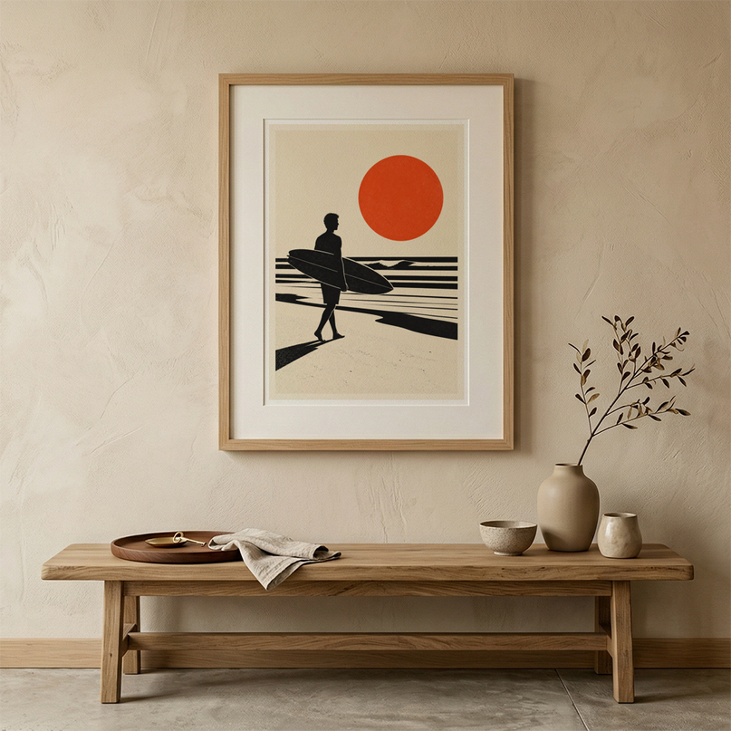 affiche surfeur silhouette noir et blanc