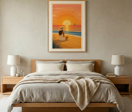 Affiche coucher de soleil sur la côte dorée et femme au repos