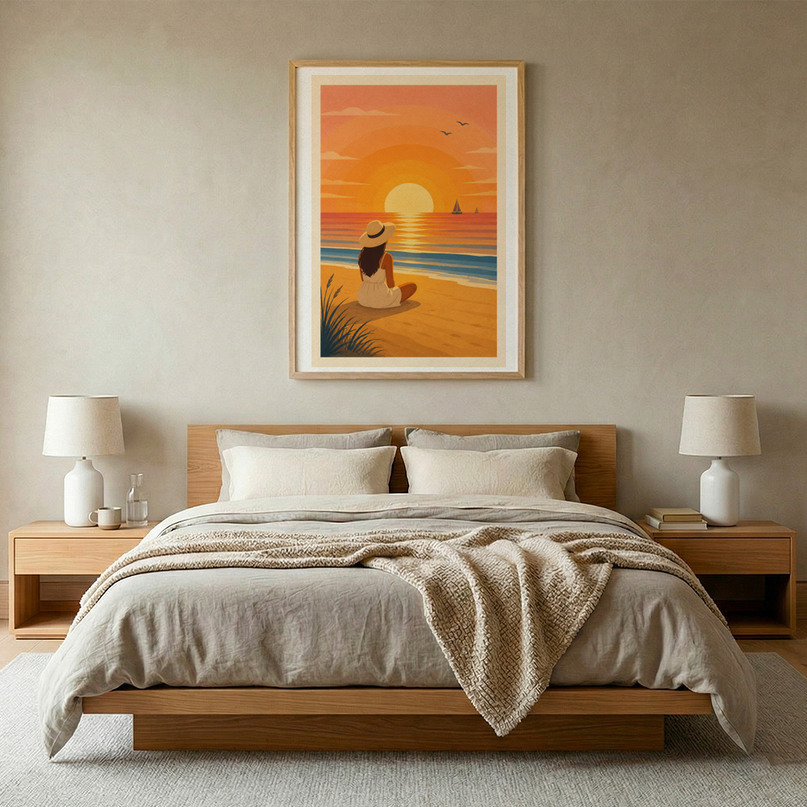 Affiche coucher de soleil sur la côte dorée et femme au repos