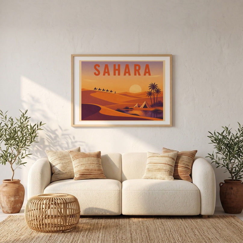 affiche désert du sahara style aquarelle douce