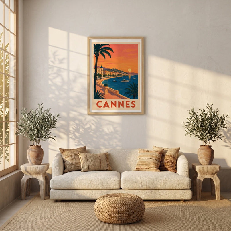 poster mural rétro cannes bord de mer illuminé