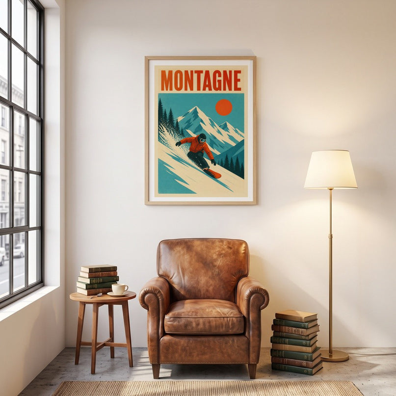 affiche station snowboard vintage