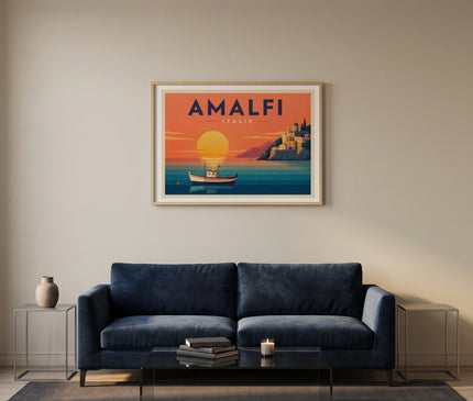 affiche bateau coucher de soleil rétro