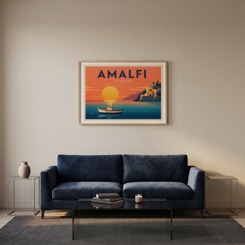 affiche bateau coucher de soleil rétro