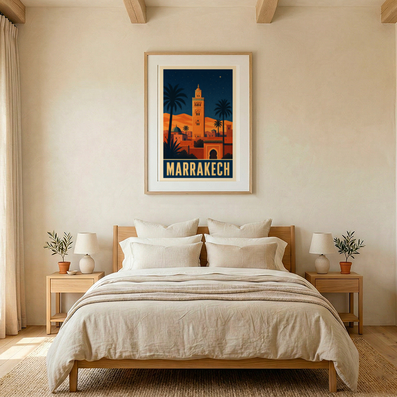 affiche vintage marrakech minaret silhouette