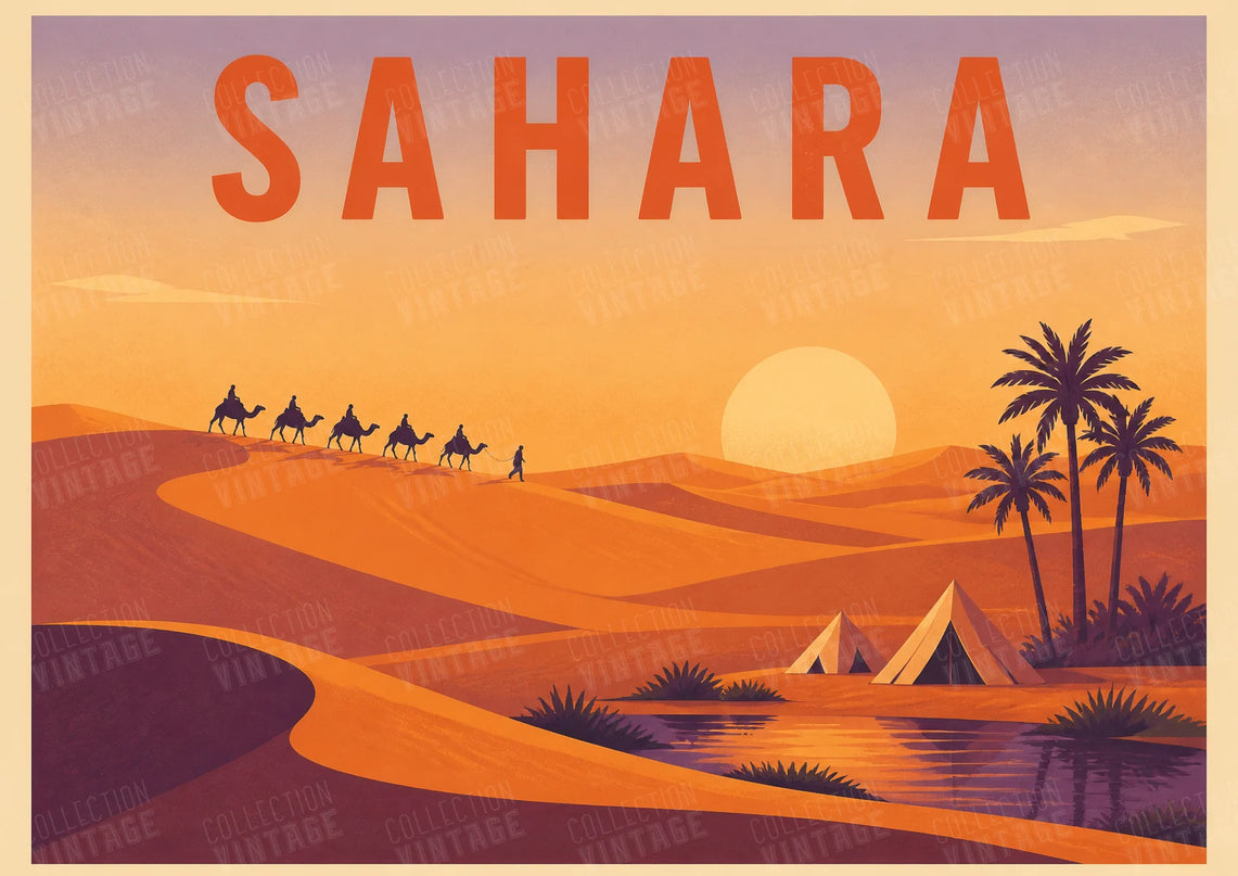 affiche désert du sahara style aquarelle douce
