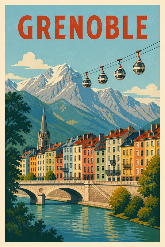 affiche grenoble façades colorées vintage