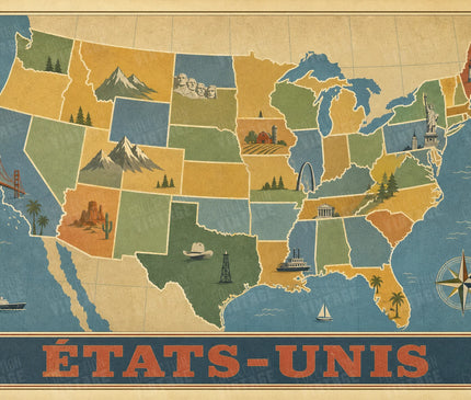 affiche carte etats unis ancienne ecole