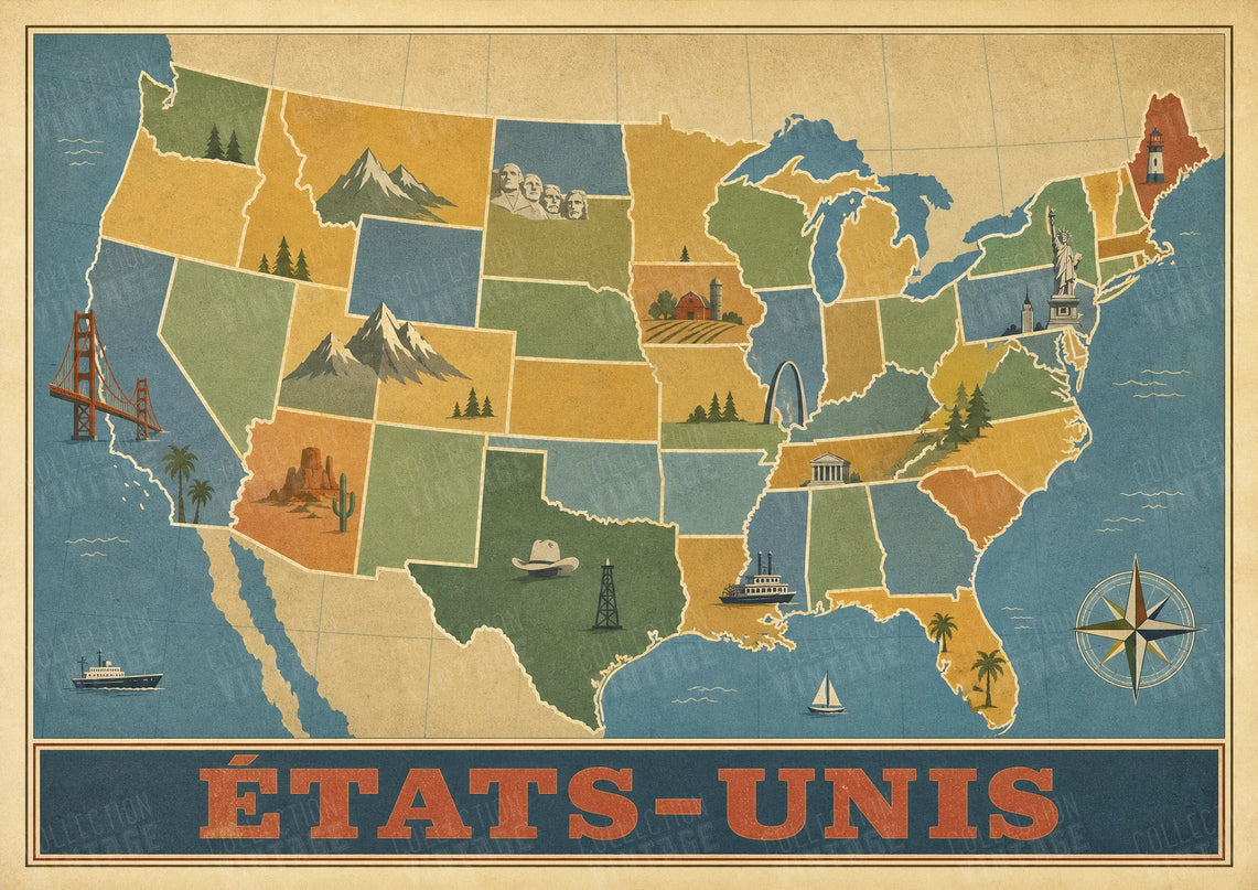 affiche carte etats unis ancienne ecole