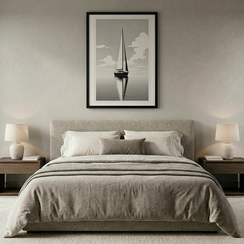 affiche bateau mer calme noir et blanc