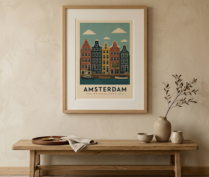 affiche amsterdam vintage maisons étroites alignées