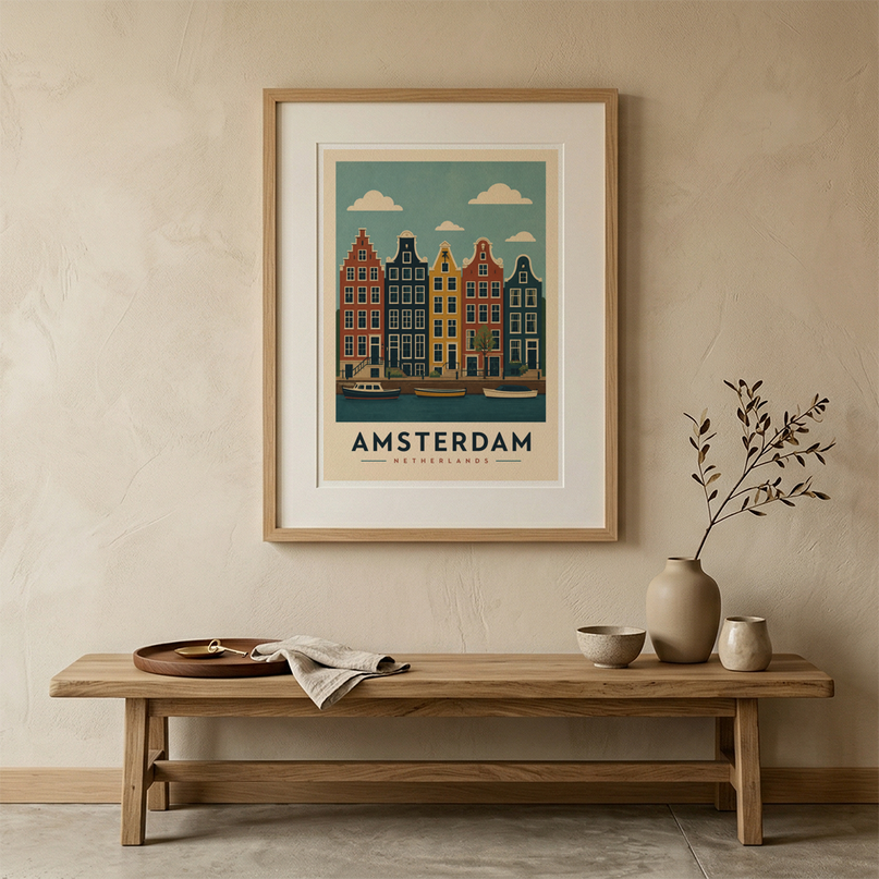 affiche amsterdam vintage maisons étroites alignées