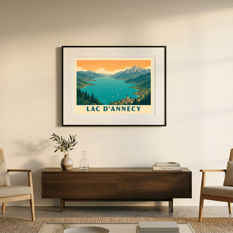 poster lac annecy vue aérienne vintage