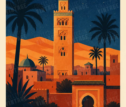 affiche vintage marrakech minaret silhouette
