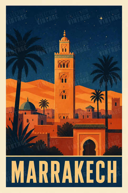 affiche vintage marrakech minaret silhouette