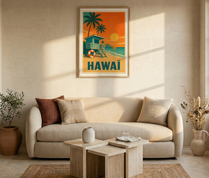affiche hawai bouée et cabane retro