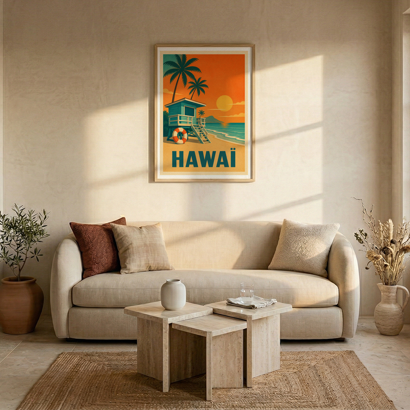 affiche hawai bouée et cabane retro