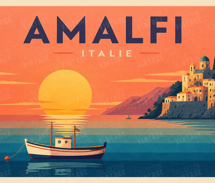 affiche bateau coucher de soleil rétro