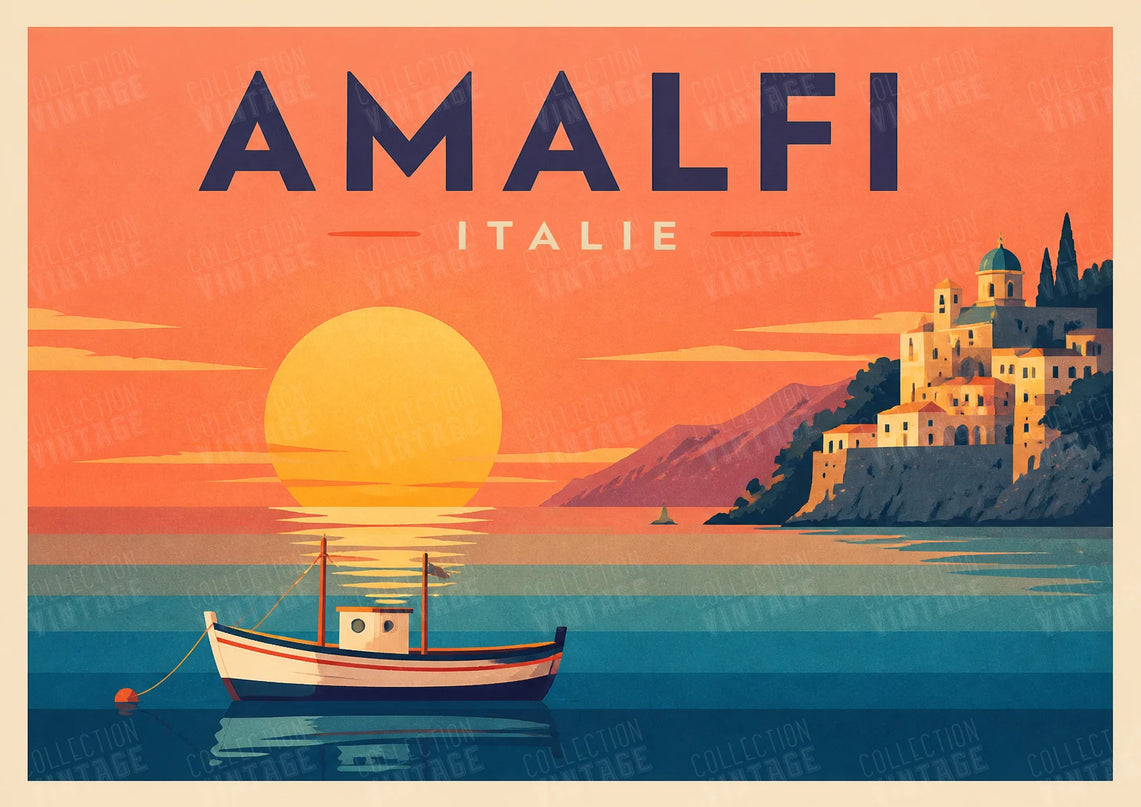 affiche bateau coucher de soleil rétro
