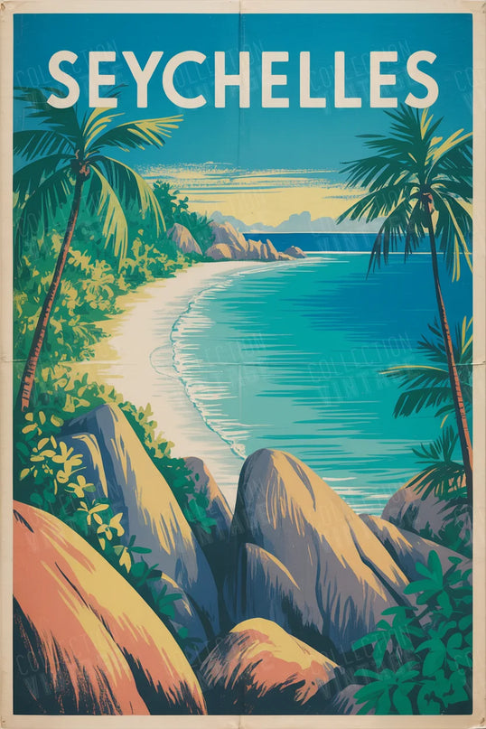 affiche seychelles plage paradisiaque vintage