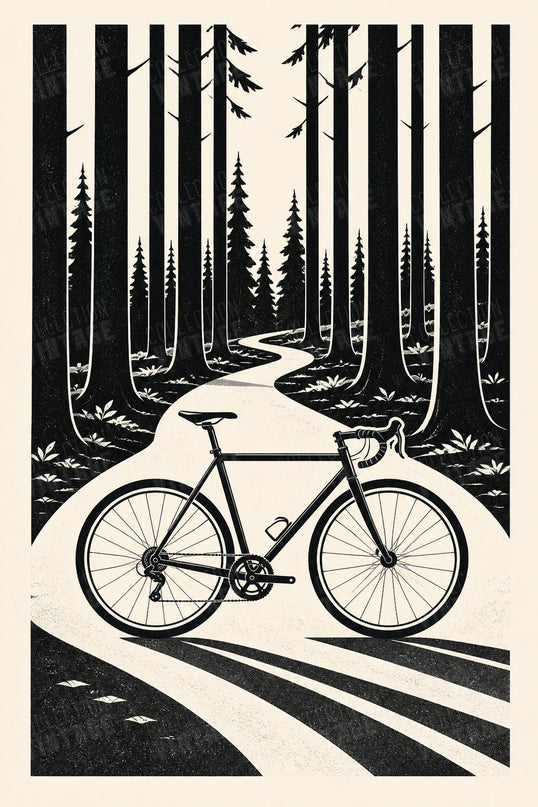 affiche vélo noir et blanc forêt
