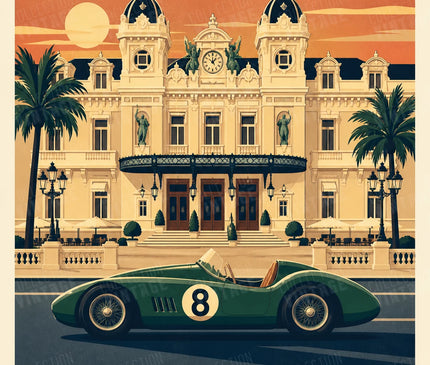 poster illustration voiture de course devant palace