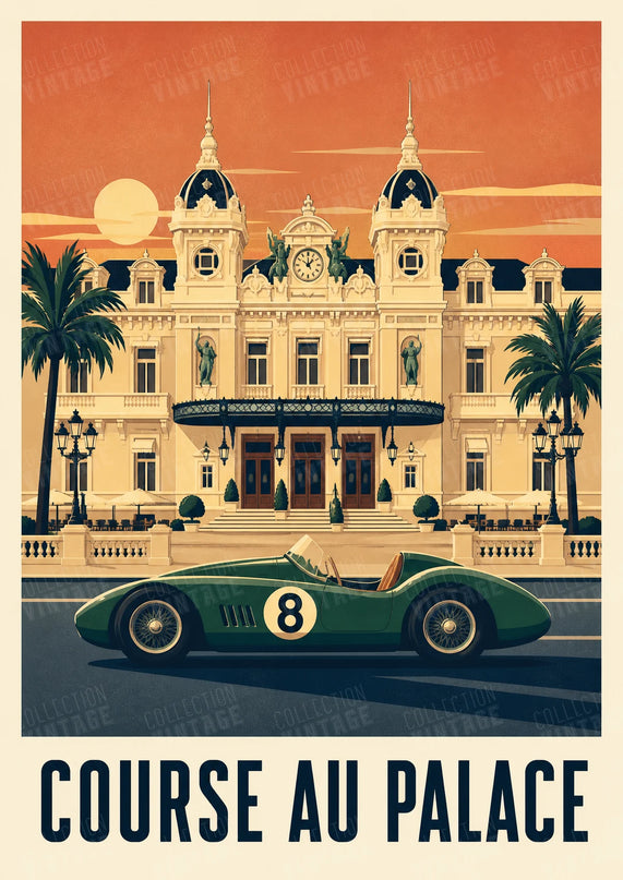 poster illustration voiture de course devant palace