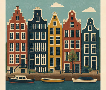 affiche amsterdam vintage maisons étroites alignées