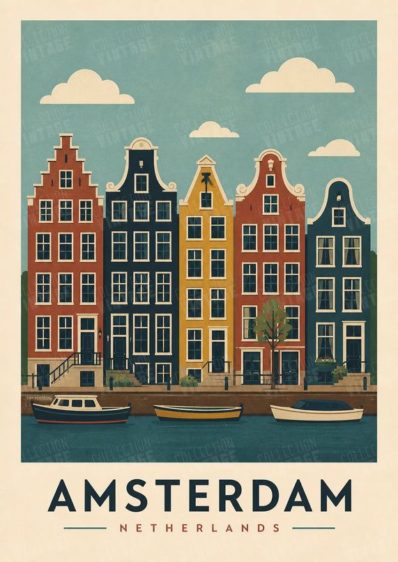 affiche amsterdam vintage maisons étroites alignées