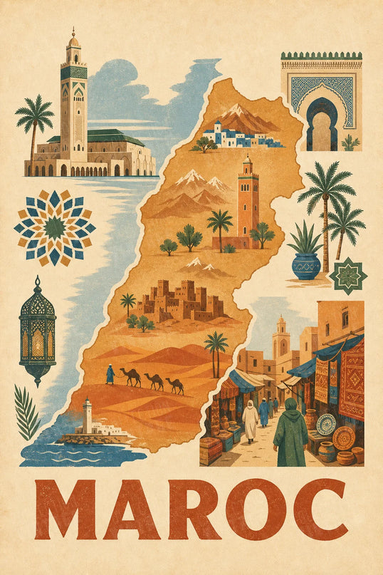 affiche vintage maroc carte artistique