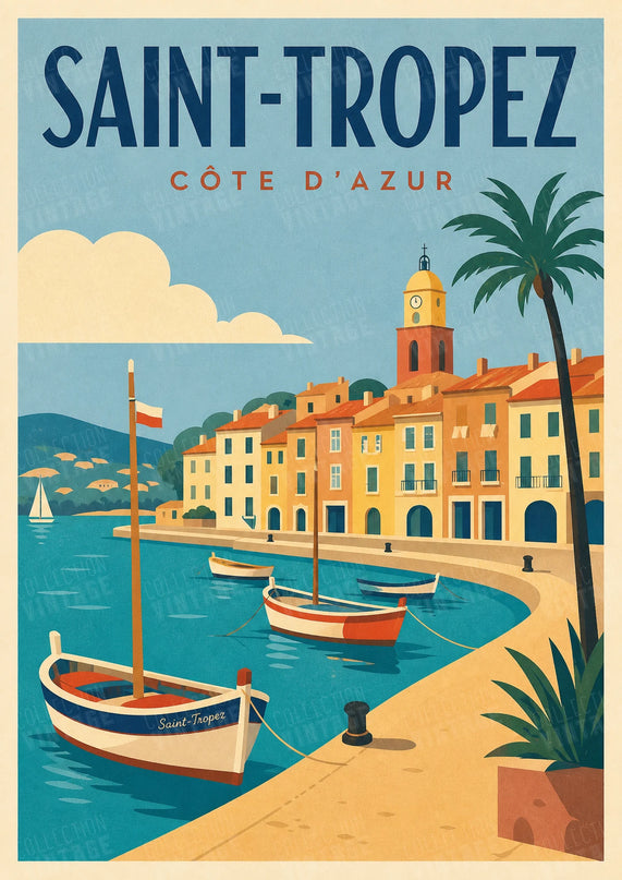 affiche saint tropez vintage mer turquoise