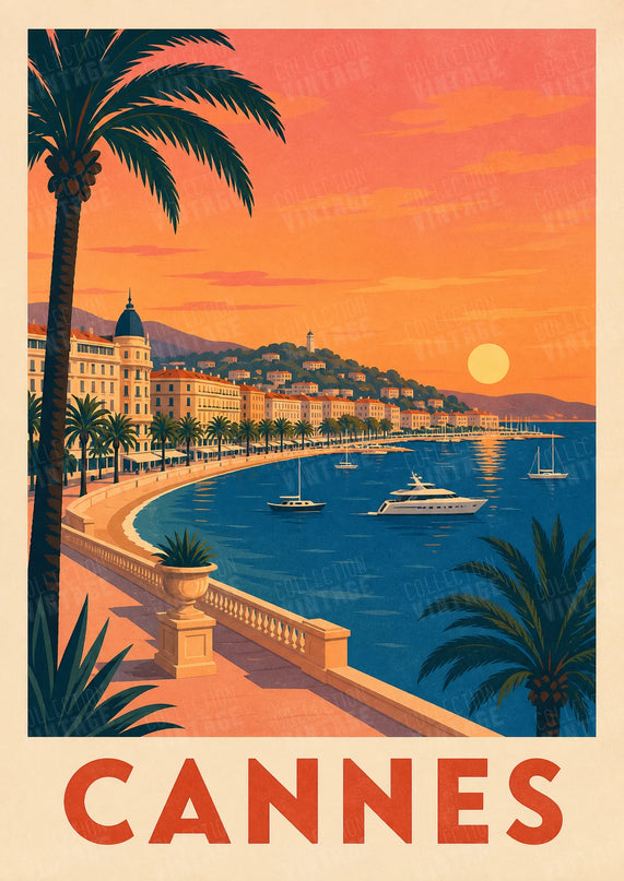 poster mural rétro cannes bord de mer illuminé