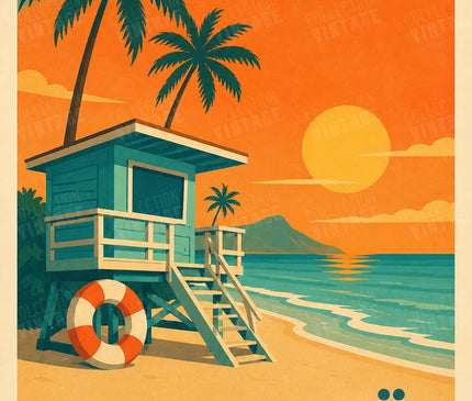 affiche hawai bouée et cabane retro
