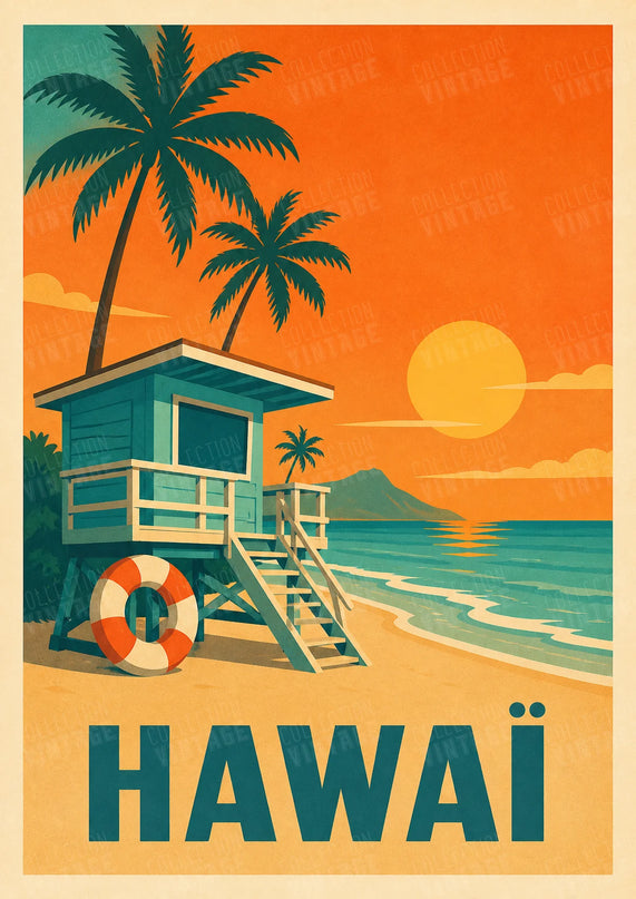 affiche hawai bouée et cabane retro