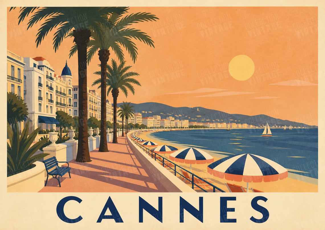 affiche vintage cinéma en bord de mer cannes