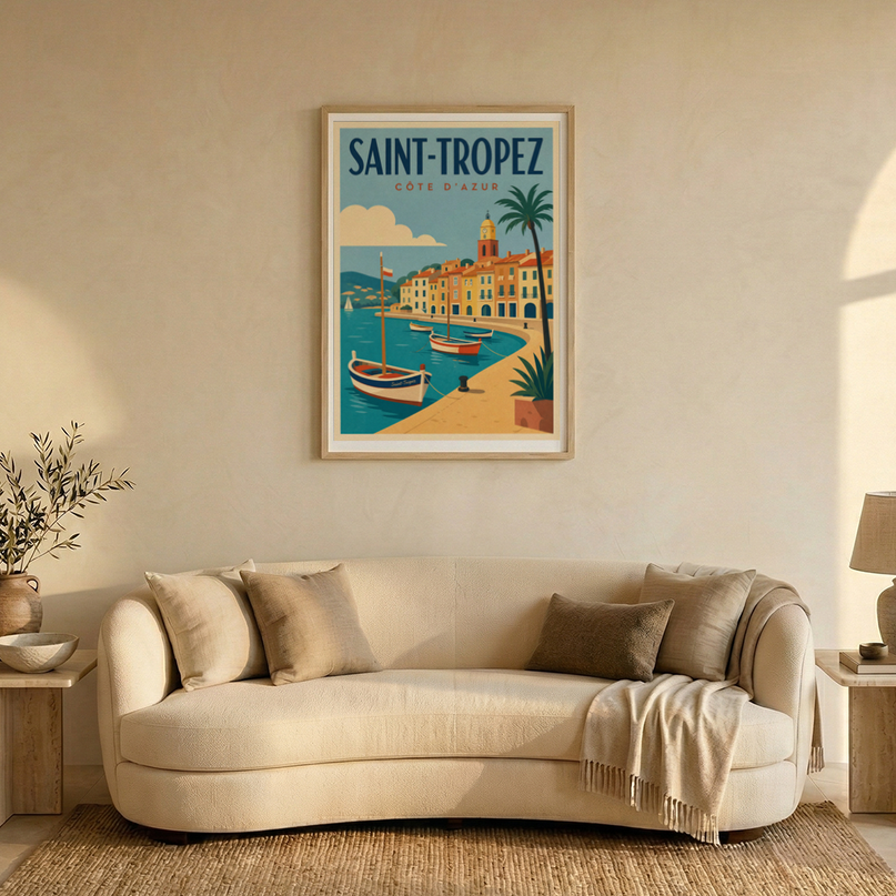 affiche saint tropez vintage mer turquoise
