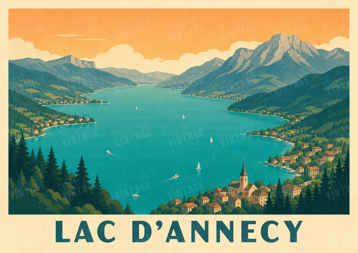 poster lac annecy vue aérienne vintage