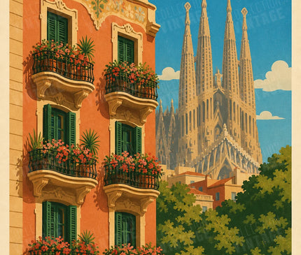 affiche barcelone façade colorée