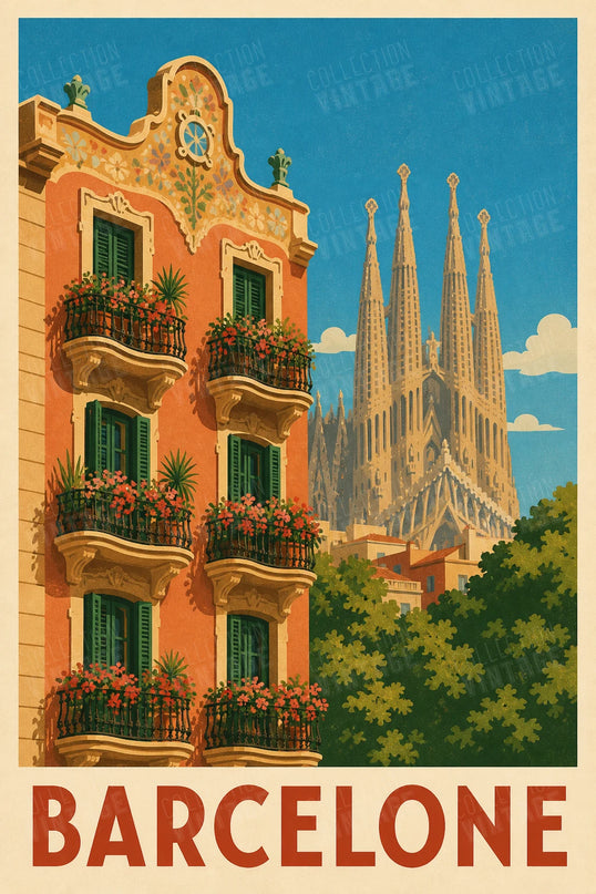 affiche barcelone façade colorée