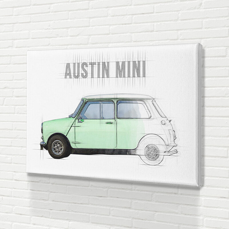 Tableau en toile Croquis Austin Mini verte
