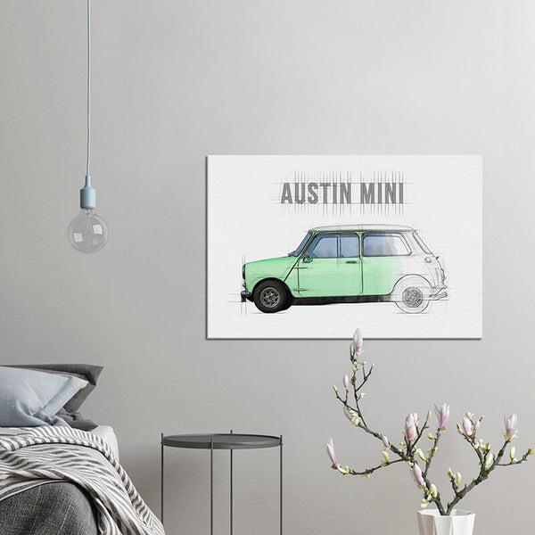 Tableau en toile Croquis Austin Mini verte